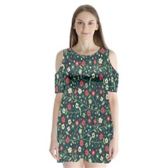 Flowering Branches Seamless Pattern Shoulder Cutout Velvet One Piece