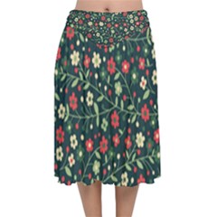 Flowering Branches Seamless Pattern Velvet Flared Midi Skirt by Zezheshop