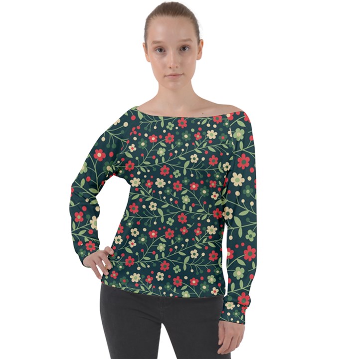 Flowering Branches Seamless Pattern Off Shoulder Long Sleeve Velour Top