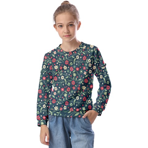 Flowering Branches Seamless Pattern Kids  Long Sleeve Tee With Frill  by Zezheshop