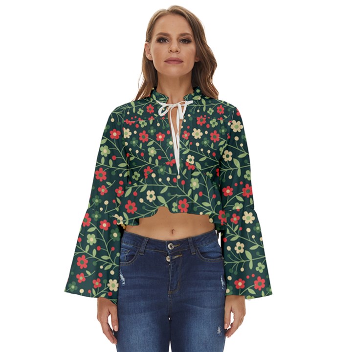 Flowering Branches Seamless Pattern Boho Long Bell Sleeve Top