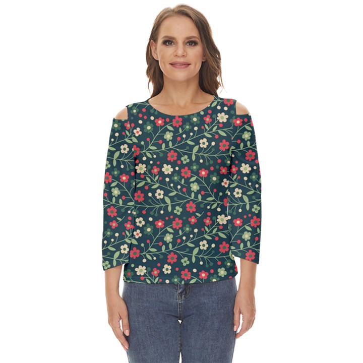 Flowering Branches Seamless Pattern Cut Out Wide Sleeve Top