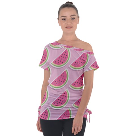 Pink Melon Wayermelon Pattern Food Fruit Melon Off Shoulder Tie-up Tee by Ravend