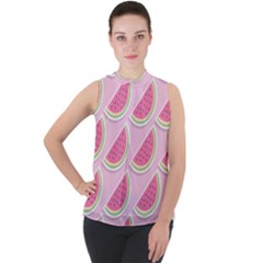 Pink Melon Wayermelon Pattern Food Fruit Melon Mock Neck Chiffon Sleeveless Top by Ravend