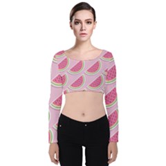 Pink Melon Wayermelon Pattern Food Fruit Melon Velvet Long Sleeve Crop Top by Ravend