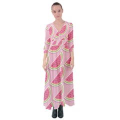 Pink Melon Wayermelon Pattern Food Fruit Melon Button Up Maxi Dress by Ravend