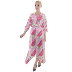 Pink Melon Wayermelon Pattern Food Fruit Melon Quarter Sleeve Wrap Front Maxi Dress by Ravend