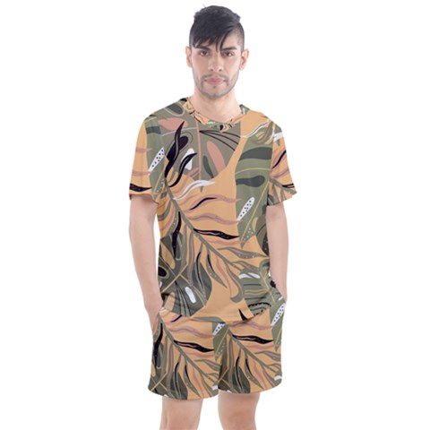 Leaves Monstera Picture Print Pattern Men s Mesh Tee And Shorts Set by Ravend