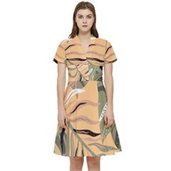 Leaves Monstera Picture Print Pattern Short Sleeve Waist Detail Dress