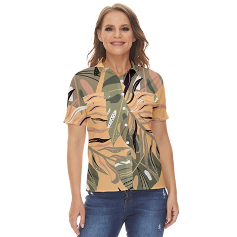 Leaves Monstera Picture Print Pattern Women s Short Sleeve Double Pocket Shirt by Ravend