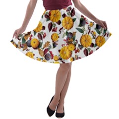 Pumpkin Fruit Flower Pattern A-line Skater Skirt by Ravend