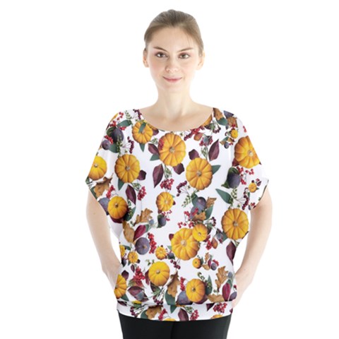 Pumpkin Fruit Flower Pattern Batwing Chiffon Blouse by Ravend