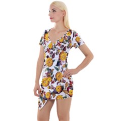 Pumpkin Fruit Flower Pattern Short Sleeve Asymmetric Mini Dress by Ravend