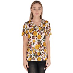 Pumpkin Fruit Flower Pattern Women s V-neck Scrub Top by Ravend