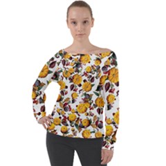 Pumpkin Fruit Flower Pattern Off Shoulder Long Sleeve Velour Top by Ravend