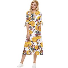 Pumpkin Fruit Flower Pattern Bow Sleeve Chiffon Midi Dress by Ravend