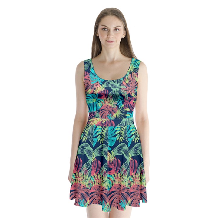 Sheets Tropical Picture Plant Pattern Split Back Mini Dress 