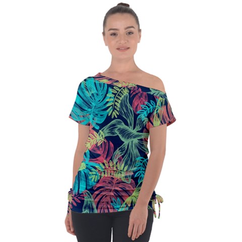 Sheets Tropical Picture Plant Pattern Off Shoulder Tie-up Tee by Ravend