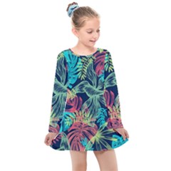 Sheets Tropical Picture Plant Pattern Kids  Long Sleeve Dress by Ravend