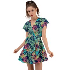 Sheets Tropical Picture Plant Pattern Flutter Sleeve Wrap Dress by Ravend