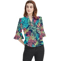 Sheets Tropical Picture Plant Pattern Loose Horn Sleeve Chiffon Blouse