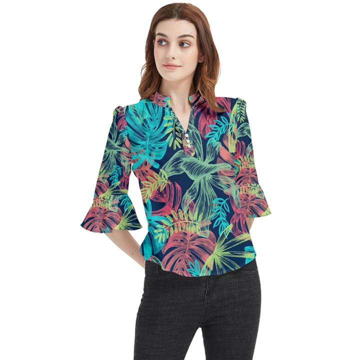 Sheets Tropical Picture Plant Pattern Loose Horn Sleeve Chiffon Blouse