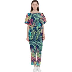 Sheets Tropical Picture Plant Pattern Batwing Lightweight Chiffon Jumpsuit by Ravend