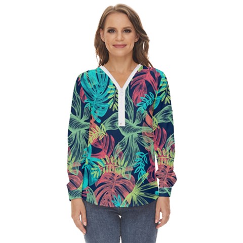 Sheets Tropical Picture Plant Pattern Zip Up Long Sleeve Blouse by Ravend