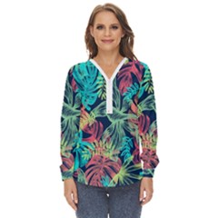 Sheets Tropical Picture Plant Pattern Zip Up Long Sleeve Blouse