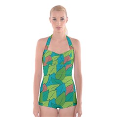 Leaves Pattern Autumn Background Boyleg Halter Swimsuit  by Ravend