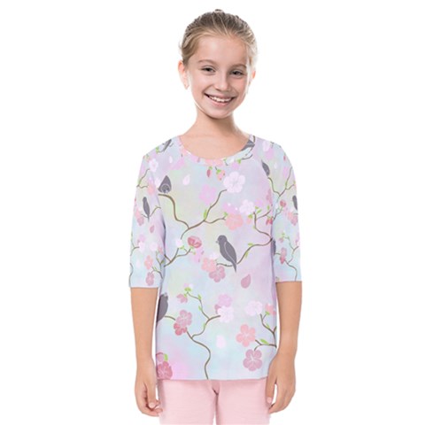 Bird Blossom Seamless Pattern Kids  Quarter Sleeve Raglan Tee by Ravend