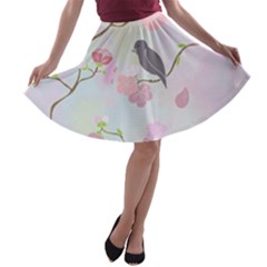 Bird Blossom Seamless Pattern A-line Skater Skirt by Ravend