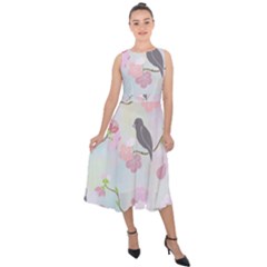 Bird Blossom Seamless Pattern Midi Tie-back Chiffon Dress by Ravend