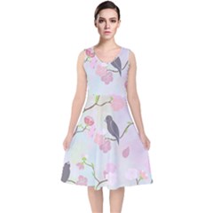 Bird Blossom Seamless Pattern V-neck Midi Sleeveless Dress  by Ravend