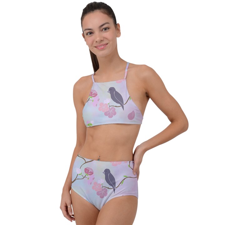 Bird Blossom Seamless Pattern High Waist Tankini Set