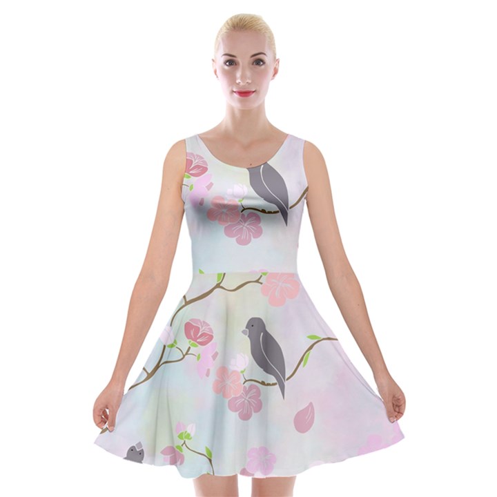 Bird Blossom Seamless Pattern Velvet Skater Dress