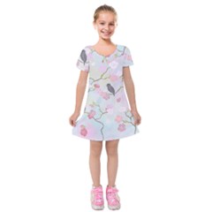 Bird Blossom Seamless Pattern Kids  Short Sleeve Velvet Dress by Ravend