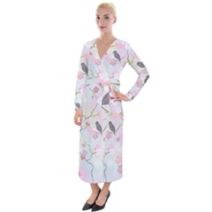 Bird Blossom Seamless Pattern Velvet Maxi Wrap Dress by Ravend