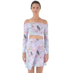 Bird Blossom Seamless Pattern Off Shoulder Top With Skirt Set by Ravend