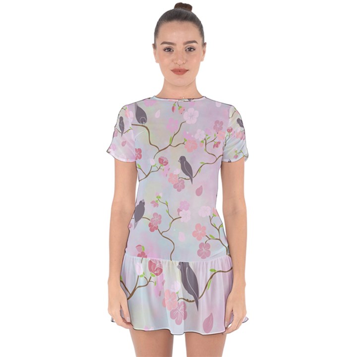 Bird Blossom Seamless Pattern Drop Hem Mini Chiffon Dress