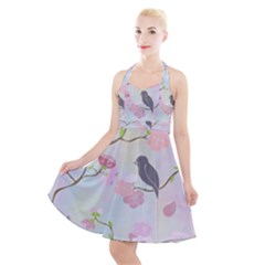 Bird Blossom Seamless Pattern Halter Party Swing Dress  by Ravend