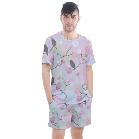 Bird Blossom Seamless Pattern Men s Mesh Tee And Shorts Set by Ravend