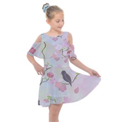 Bird Blossom Seamless Pattern Kids  Shoulder Cutout Chiffon Dress by Ravend