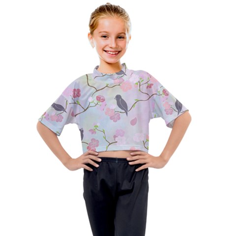 Bird Blossom Seamless Pattern Kids Mock Neck Tee by Ravend