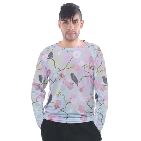 Bird Blossom Seamless Pattern Men s Long Sleeve Raglan Tee by Ravend