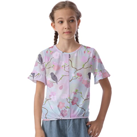 Bird Blossom Seamless Pattern Kids  Cuff Sleeve Scrunch Bottom Tee by Ravend