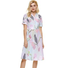 Bird Blossom Seamless Pattern Button Top Knee Length Dress by Ravend