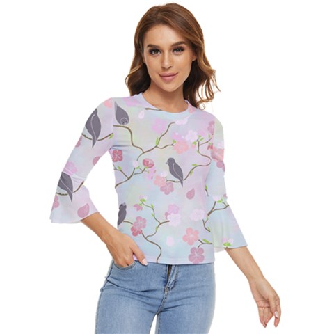 Bird Blossom Seamless Pattern Bell Sleeve Top by Ravend