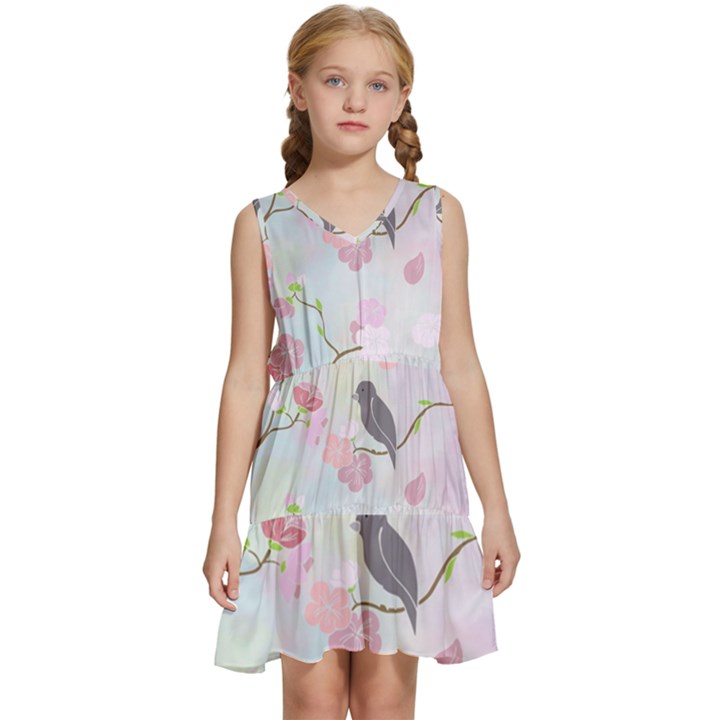 Bird Blossom Seamless Pattern Kids  Sleeveless Tiered Mini Dress