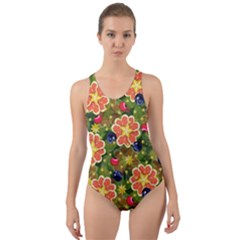 Fruits Star Blueberry Cherry Leaf Cut-out Back One Piece Swimsuit by Ravend